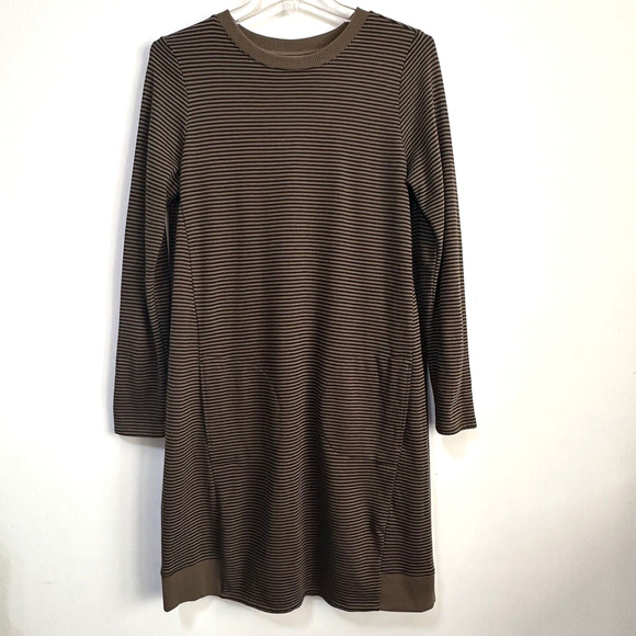 J Jill Shift Dress Knit Sweatshirt S Brown Stripe Pockets Long Sleeve Sweater - Picture 1 of 11